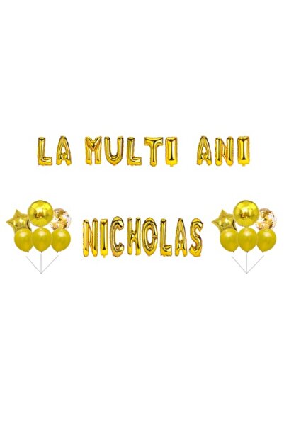 OEM Σετ μπαλονιών Happy Birthday Nicholas, διακοσμητικό για τούρτα, χρυσό, 35...