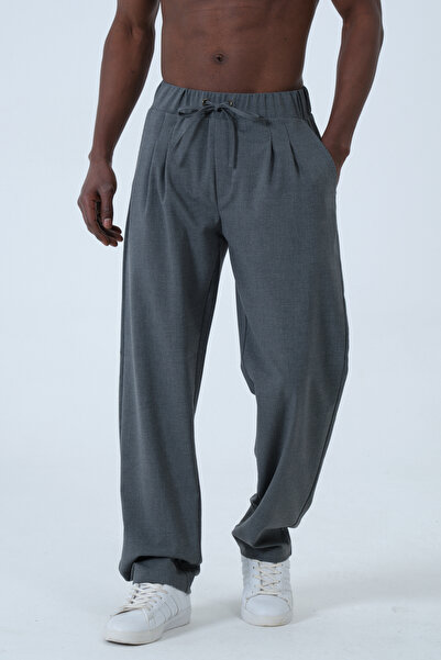 RELAXL Loose Fit Pleated Dark Gray Baggy Fabric Pants with Elastic Waist