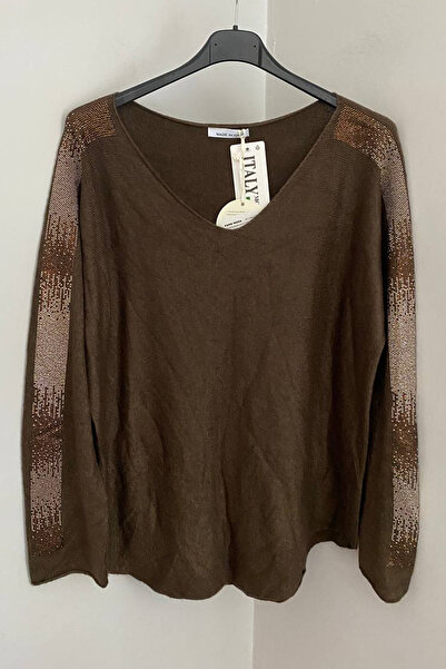 AYASOFYA OTANTIK Bluză pulover pentru femei, maro italian, cu decolteu în V, ...