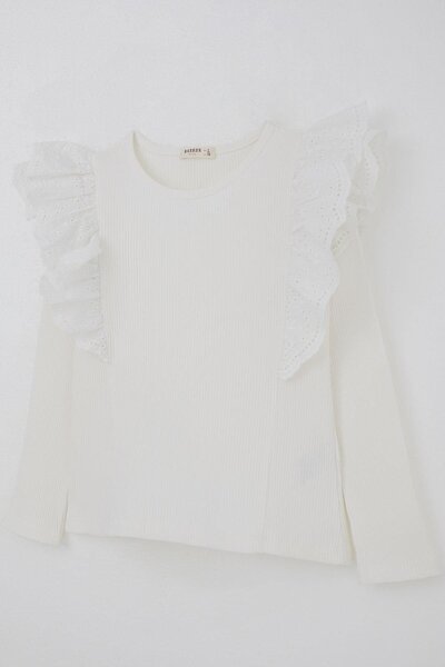 Breeze Μακρυμάνικο μπλουζάκι για κορίτσια με λεπτομέρεια από γκουπέρ στον ώμο και κέντημα λουλουδιών, ηλικία 8-12 ετών, εκρού