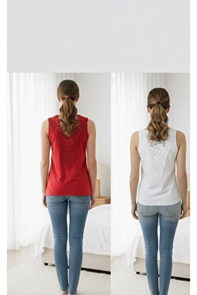 GKN FASHİON 2 L'i Біла Червона Мереживна Жіноча Футболка