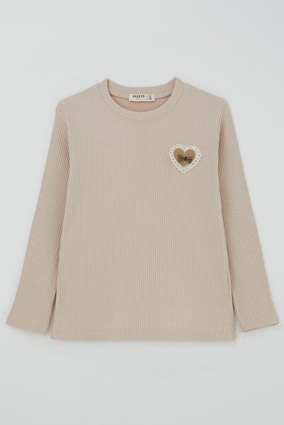 Breeze Girl's Long Sleeve T-Shirt with Heart Emblem and Bow, Ages 5-10, Beige