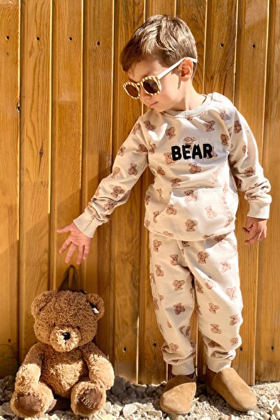 Breeze Baby Boy Tracksuit Set Cute Teddy Bear Patterned Pants Button Accent P...