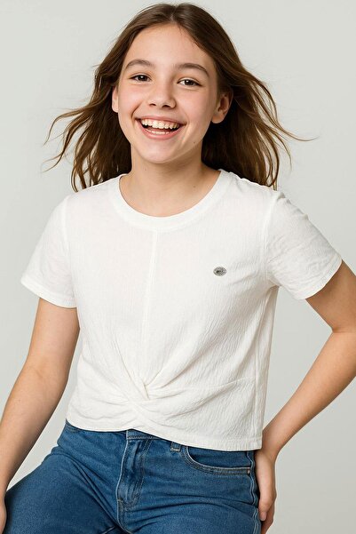 Breeze Girl's T-Shirt with Embroidered Belly Detail, Low-Cut Detail, Ages 9-16, Ecru