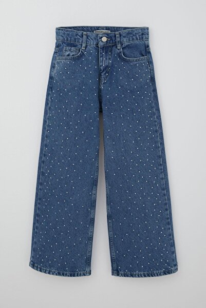 Breeze Pantaloni din denim pentru fete cu accesorii din piatră, buzunare cu fermoar, 10-14 ani, albastru