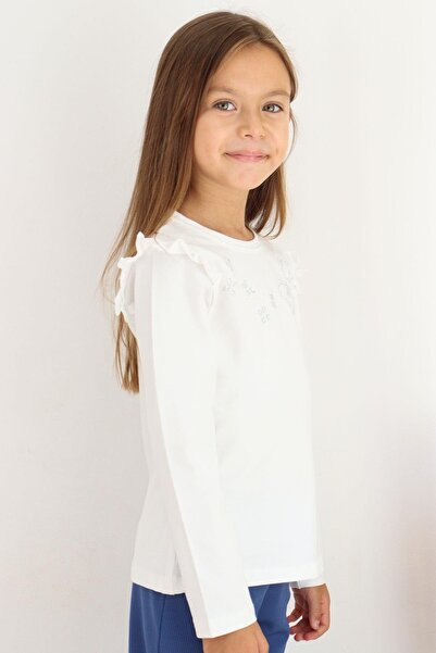 Breeze Μακρυμάνικο μπλουζάκι για κορίτσια με λαμπερή λεπτομέρεια από πέτρα 4-10 ετών, εκρού