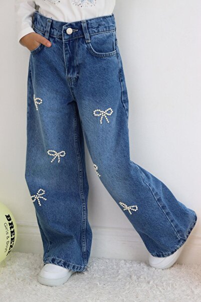 Breeze Pantaloni din denim pentru fete, cu detaliu de perle, cu fundă brodată, 5-9 ani, albastru