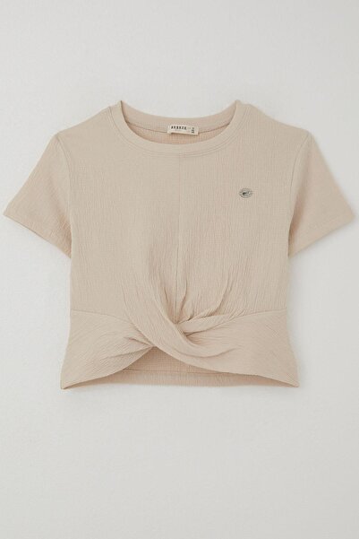 Breeze Κοριτσίστικο μπλουζάκι με κεντημένο μέρος στην κοιλιά, λεπτομερές σχέδιο, ηλικία 9-16 ετών, μπεζ