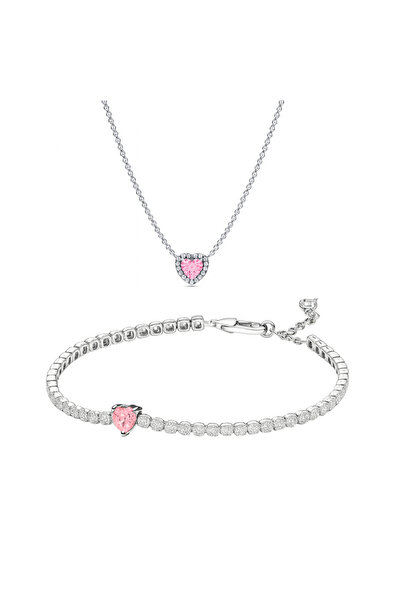NOVVO Set bijuterii Colier si Bratara Pink Heart Argint 925