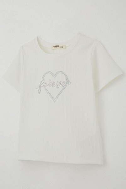 Breeze Κοριτσίστικο μπλουζάκι με πέτρινη λεπτομέρεια καρδιά με τύπωμα 8-14 ετών, εκρού