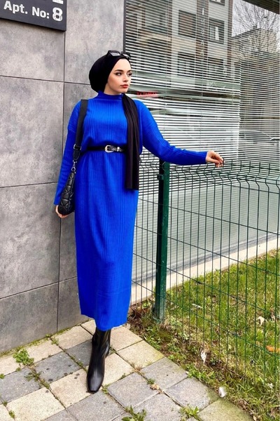 Cockatoo Fitilli Triko Elbise Siyah Oversize