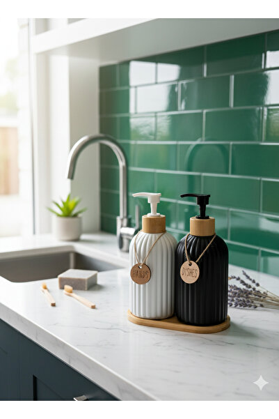 yakuthome Sıvı Sabunluk Seti 2'li-(Siyah-Beyaz)-Bambu Standlı-Mutfak Ve Banyo...