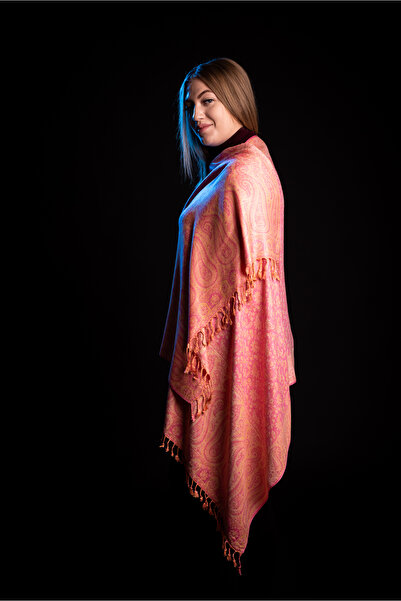 Cara Coral pink reversible cashmere scarf Paisley oriental floral India