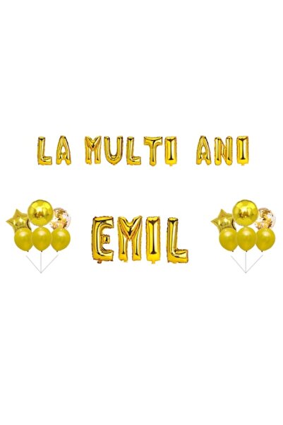 OEM Set baloane „La mulți ani, Emil”, decor tort, auriu, 35 buc