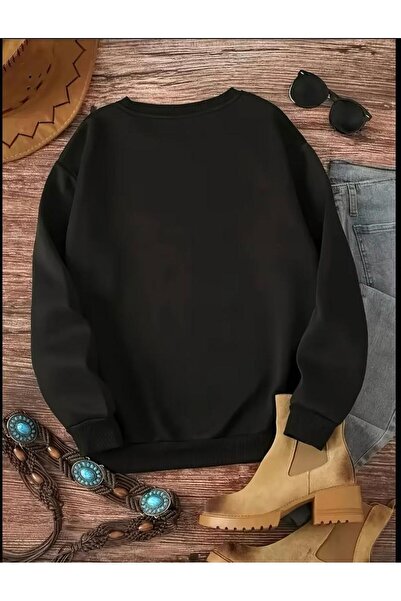 SELENA BUTİK Unisex Crew Neck Plain Black Sweatshirt
