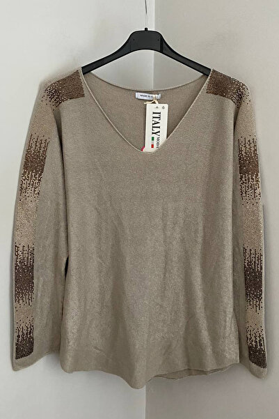 AYASOFYA OTANTIK Bluză pulover pentru femei, bej italian, cu decolteu în V, c...
