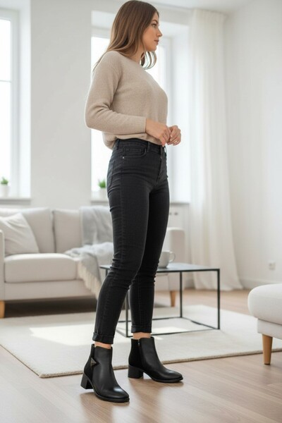 VeliKundura Le_Guzzi̇ Women's Black Zippered Buckle Square Heel Boots