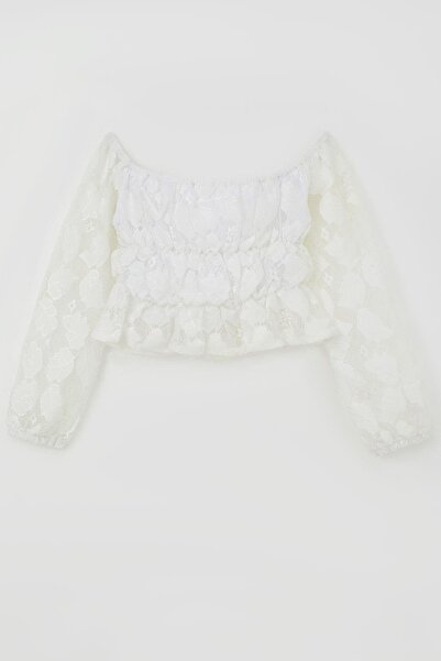 Breeze Κοριτσίστικη μακρυμάνικη δαντελωτή μπλούζα με σχέδιο φύλλων 9-14 ετών, λευκό