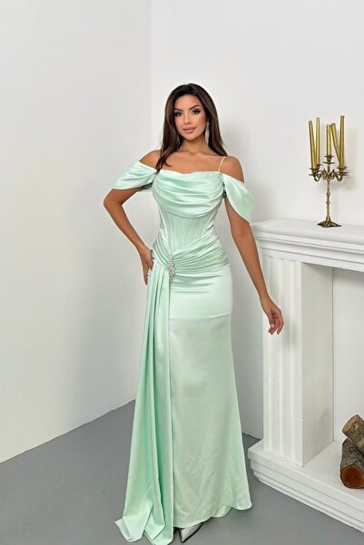 İyem Abiye Omuz Ve Bel Taşlı Sarkık Kol Saten Şık Tasarım Abiye Elbise Dar Kalıp