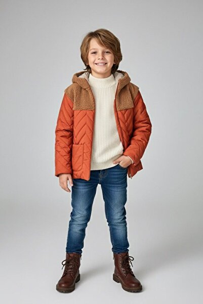 Minigimin Cicileri معطف للأولاد من Miniğimin Cicileri مبطن ومزين بتفاصيل من Welsoft موسمي - لون بلاط