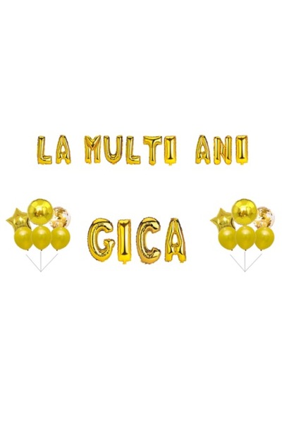 OEM Комплект балони "Честит рожден ден, Gica", Топер за торта, златисти, 35 бр.
