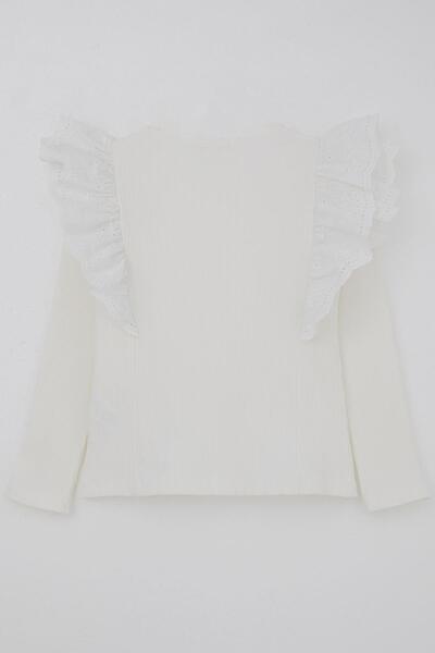 Breeze Μακρυμάνικο μπλουζάκι για κορίτσια με λεπτομέρεια από γκουπέρ στον ώμο και κέντημα λουλουδιών, ηλικία 8-12 ετών, εκρού