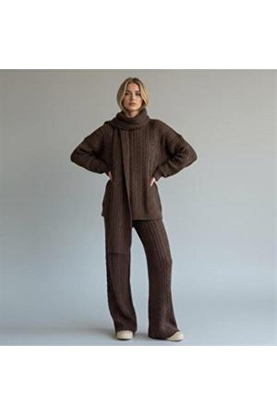 EREN STYLE Hair Braid Motif Sweater, Trousers and Kaşkol 3-Piece Set (between Sizes 36-50)