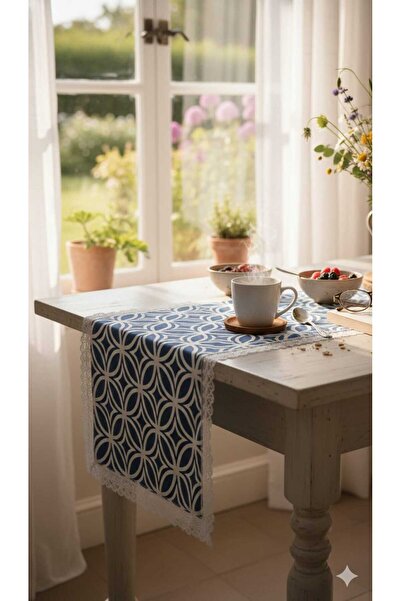 Rona Home Luxury Blue and White Geometric Patterned Lace Fringed Decorative Table Runner
