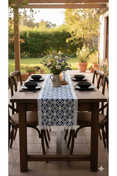 Rona Home Luxury Blue and White Geometric Patterned Lace Fringed Decorative Table Runner