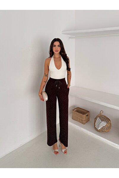 winmoda Stone Detailed Elastic Waist Relaxed Pants / Pearl Detailed Elastic Waist Relaxed Pants