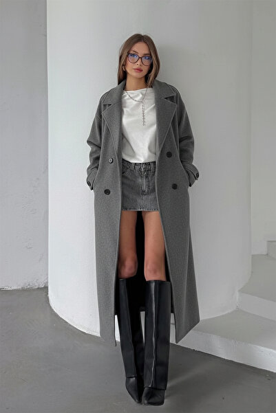 NET OF NOT Gray Belted New Season Lined Premium Quality Comfortable Fit Women's Cashmere Coat