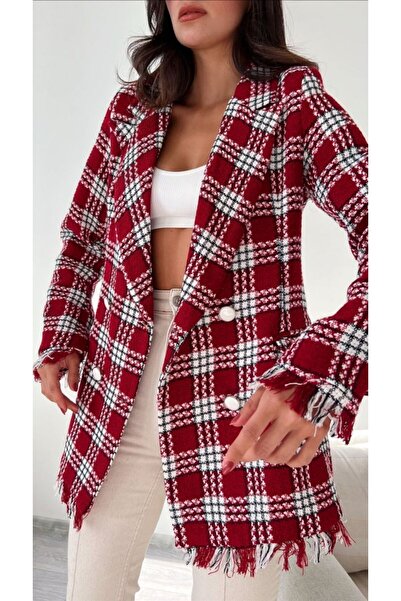 Julishop Нов сезон Дамско червено сако с двойно закопчаване и метални златни копчета от висококачествен туид