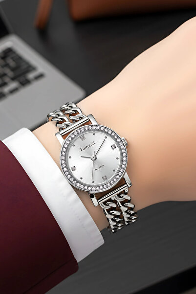 Ferrucci Steel Chain Cord Steel Case Women Wrist Watch Silver Sdfer186