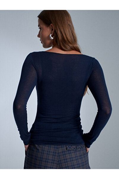 Dilvin 32122 Μπλούζα με λαιμόκοψη καγιάκ Modal Cashmere Ultra Light-Μπλε ναυτικό