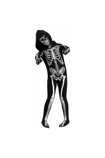 OEM Costum de schelet de Halloween pentru copii, imprimeu complet, glugă, neg...