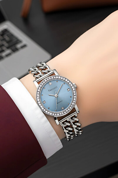 Ferrucci Steel Chain Cord Steel Case Women Wristwatch Silver-Blue Sdfer186
