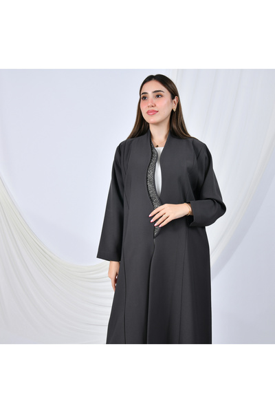 HAWRAA ABAYA Elegant abaya design combining simplicity and luxury, featuring a quarter-circle cut and embellished edges | Gray