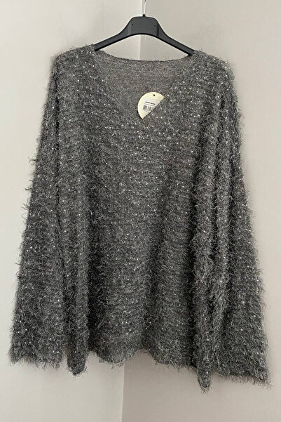 AYASOFYA OTANTIK Women's Italian Anthracite V-Neck Plain Patterned Sequin Detailed Oversized Beard Blouse Sweater