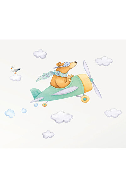 WALLHUMAN Bear on an Airplane Children's Room Wall Sticker