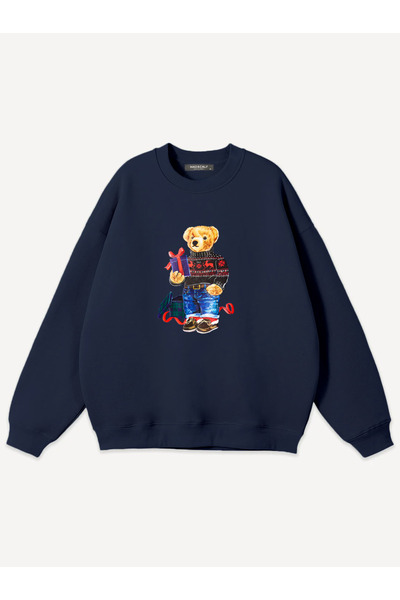 Mad&Calf Unisex Christmas Teddy Printed Crew Neck Oversized Sweatshirt