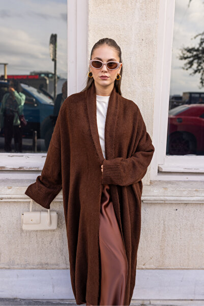 ikomteks Bitter Brown Shawl Collar Long Cardigan