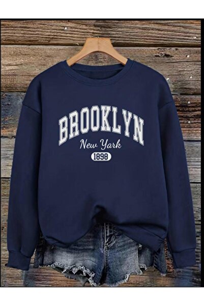 SELENA BUTİK Unisex Crew Neck Brooklyn Navy Blue Sweatshirt