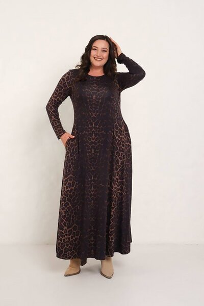 Truva XXL Women's Leopard Pattern Trend Maxi Dress - Stretch Fabric Cotton Long Sleeve