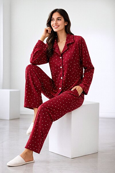 Hepyek Long Sleeve Front Button Suede Pajama Set