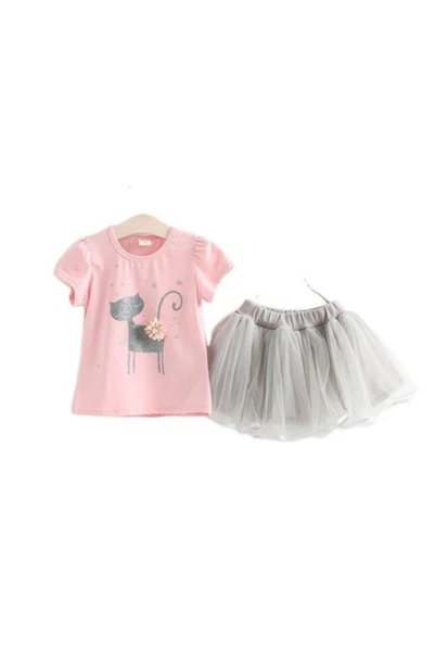 bleaws Cutest 2PCS Baby Girl Outfit - Cat Print Ruffle Top + Tulle Skirt
