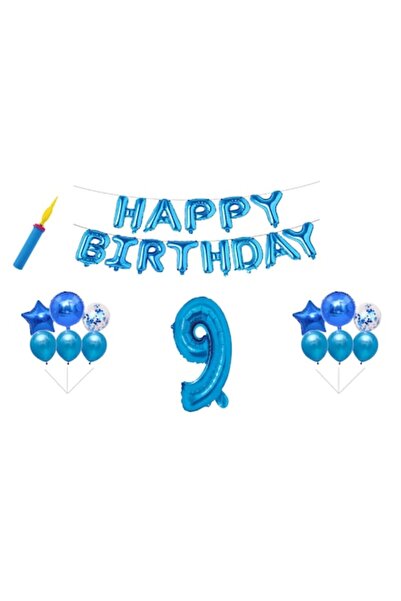 OEM Set baloane aniversare, 9 ani, „La mulți ani”, albastru, decor tort, 30 buc