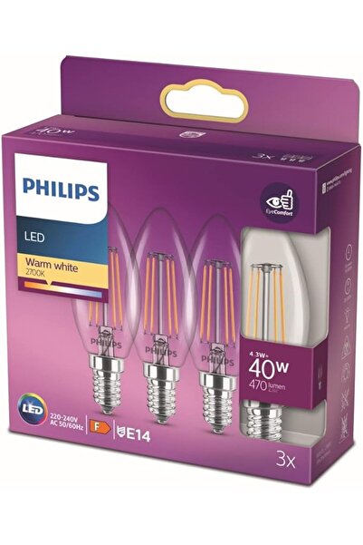 Philips LED Classic 40W B35 Led Mum Filament Ampul, 2700K Sarı Işık, E14 İnce Duy, Dim Edilmez, 3'lü