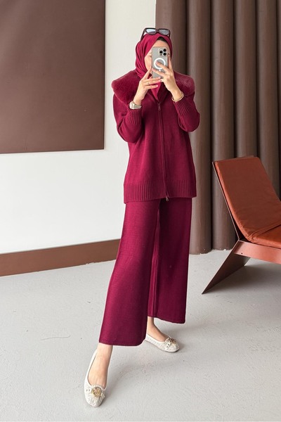 Rimel Moda Fur Collar Knitwear Set Burgundy