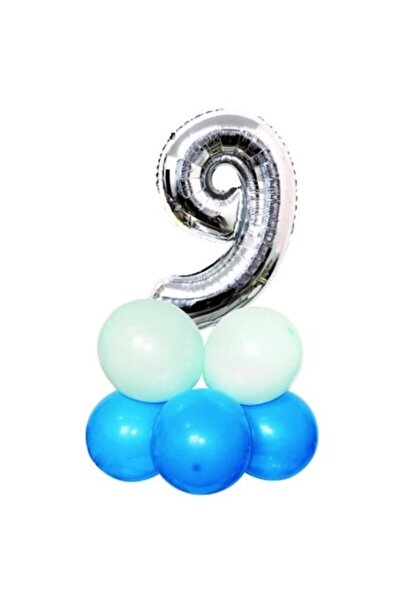 OEM Set baloane numărul 9, argintiu și albastru, 85 cm