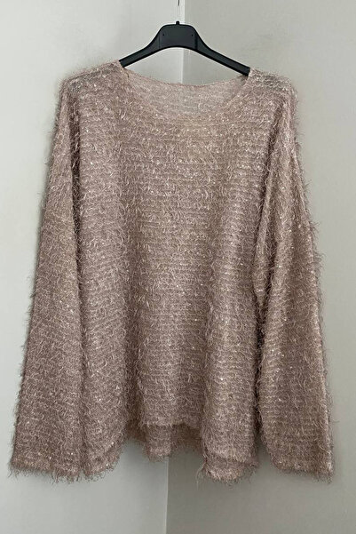 AYASOFYA OTANTIK Γυναικείο πουλόβερ με μπεζ ιταλικό λαιμόκοψη σε σχήμα V με λεπτομέρεια από παγιέτες oversized